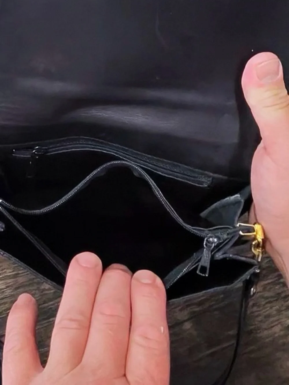 Leather Crescent Crossbody Bag in Black with Brown Trim